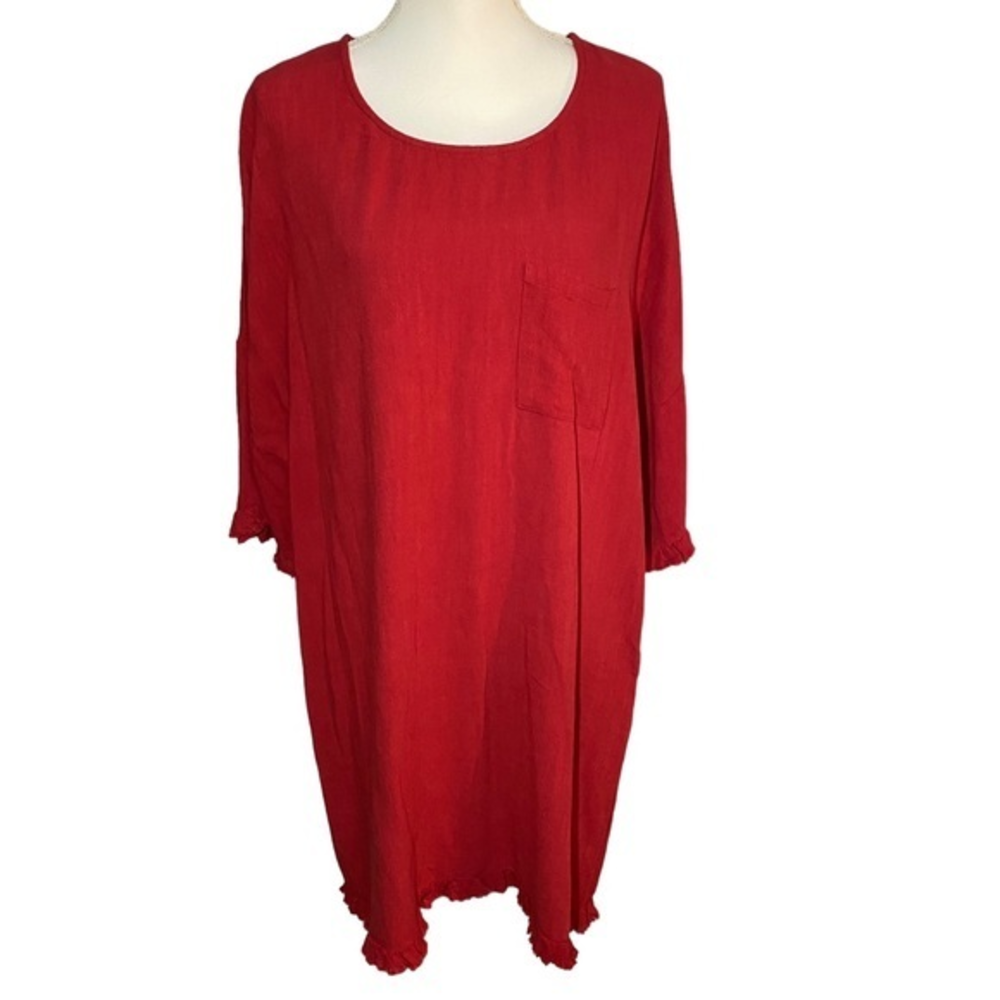 Umgee Women’s Small Linen/Cotton Blend Round Neck 3/4 Sleeves Fringe Dress